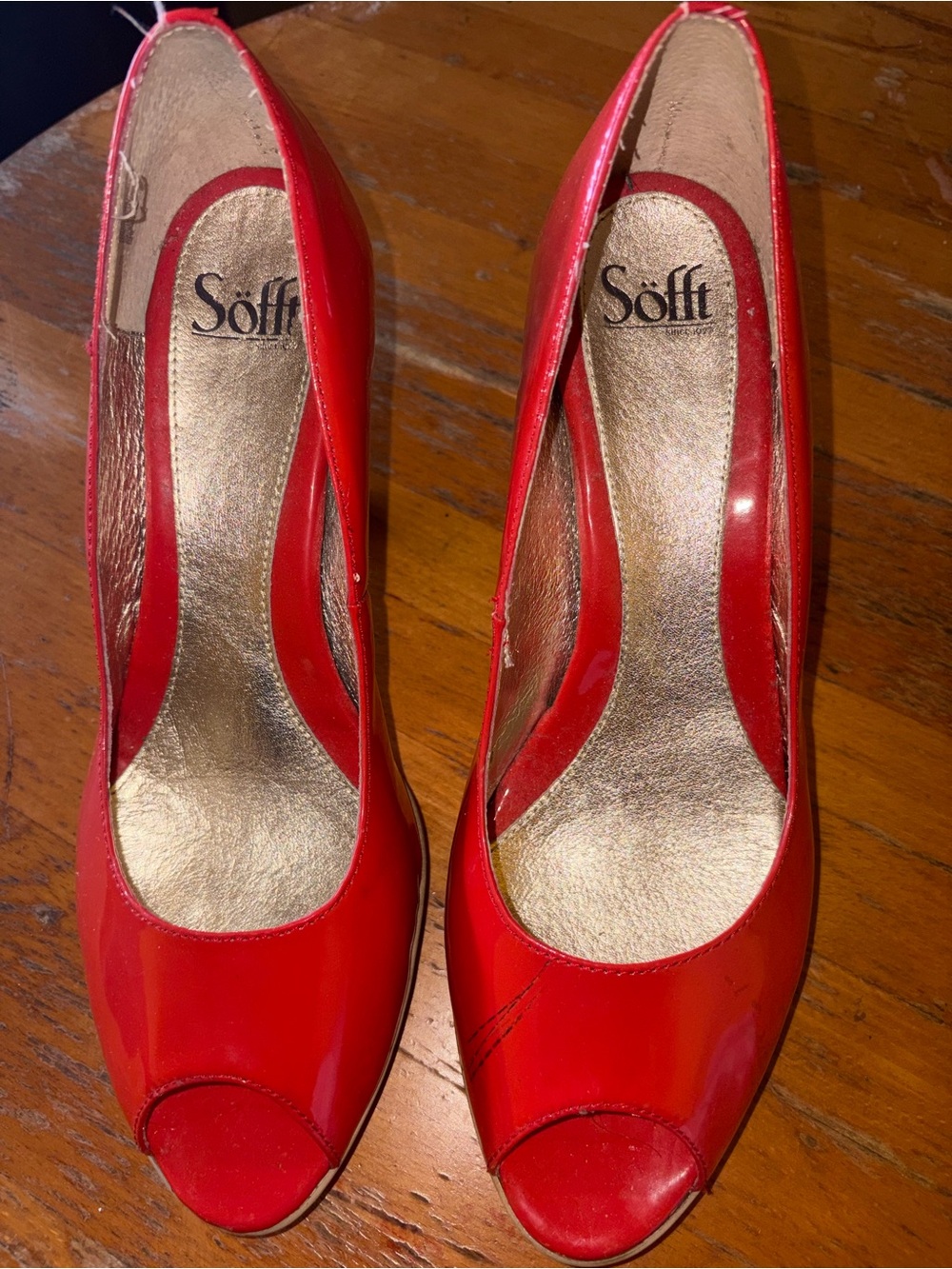 Fire Red Patent Peep-Toe Pumps AS IS